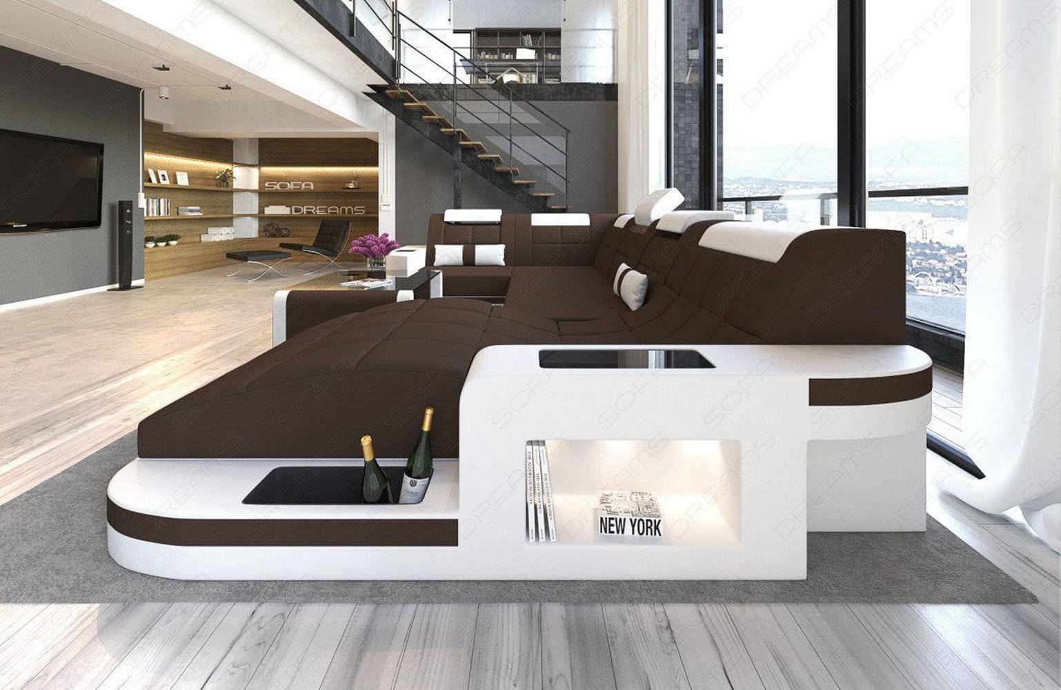 Stoff Wohnlandschaft Wave U-Form mit LED Dunkelbraun-Weiß