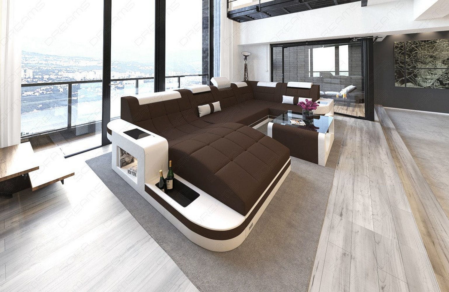Stoff Wohnlandschaft Wave U-Form mit LED Dunkelbraun-Weiß