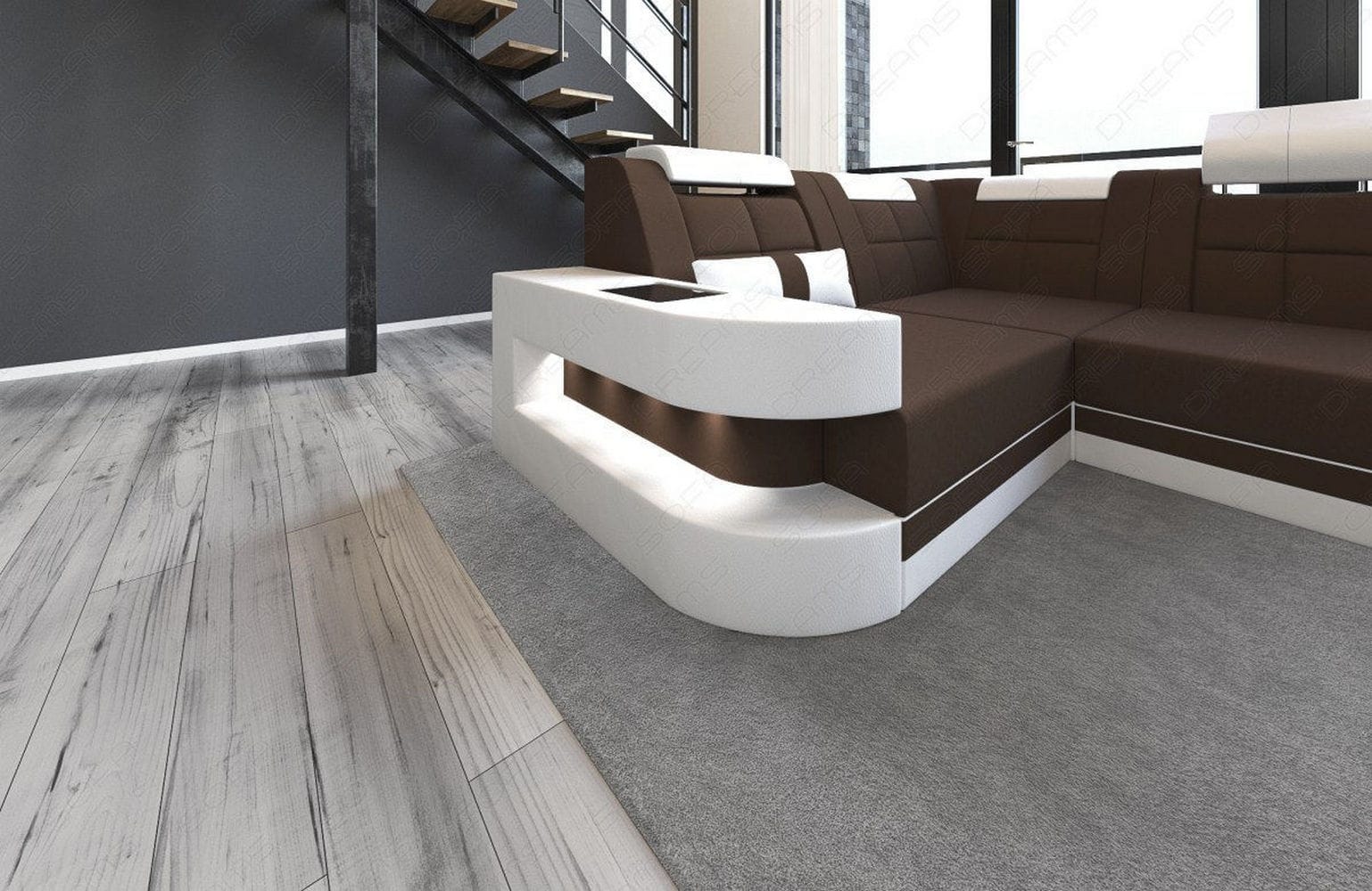 Stoff Wohnlandschaft Wave U-Form mit LED Dunkelbraun-Weiß