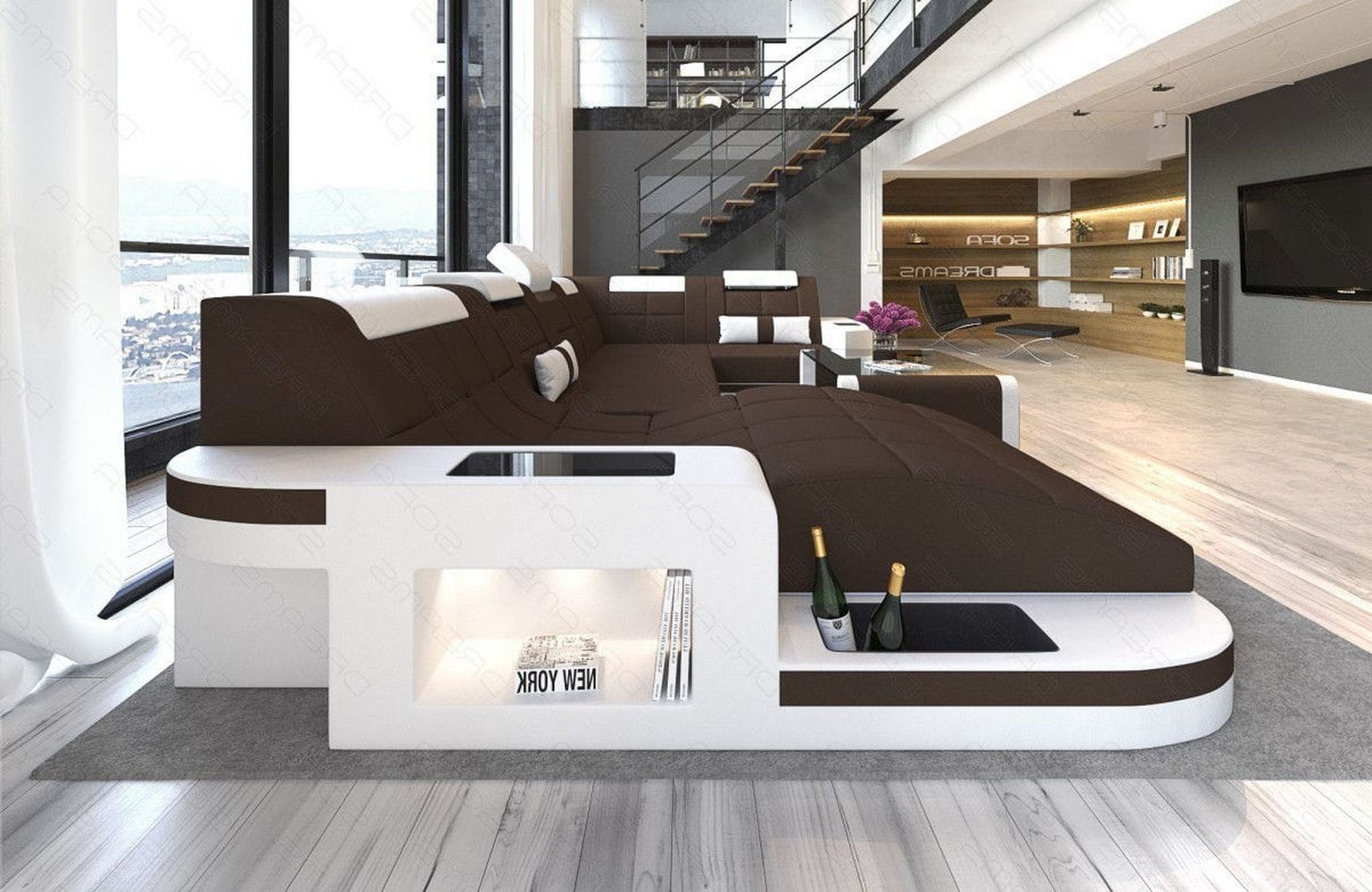 Stoff Wohnlandschaft Wave U-Form mit LED Dunkelbraun-Weiß