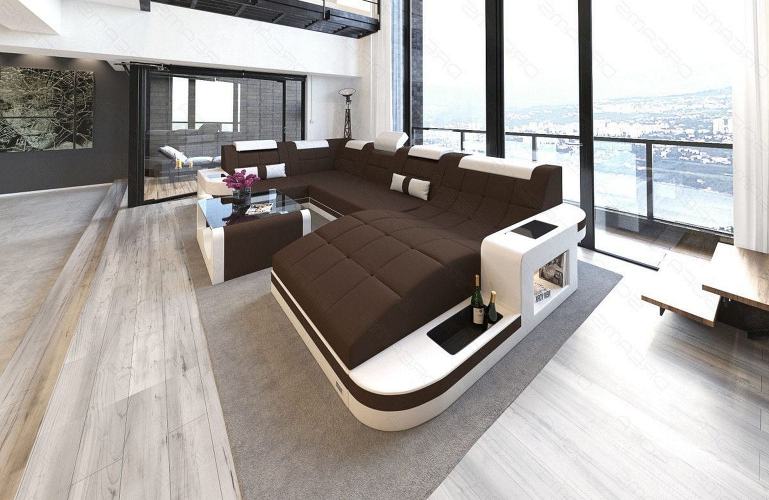 Stoff Wohnlandschaft Wave U-Form mit LED Dunkelbraun-Weiß