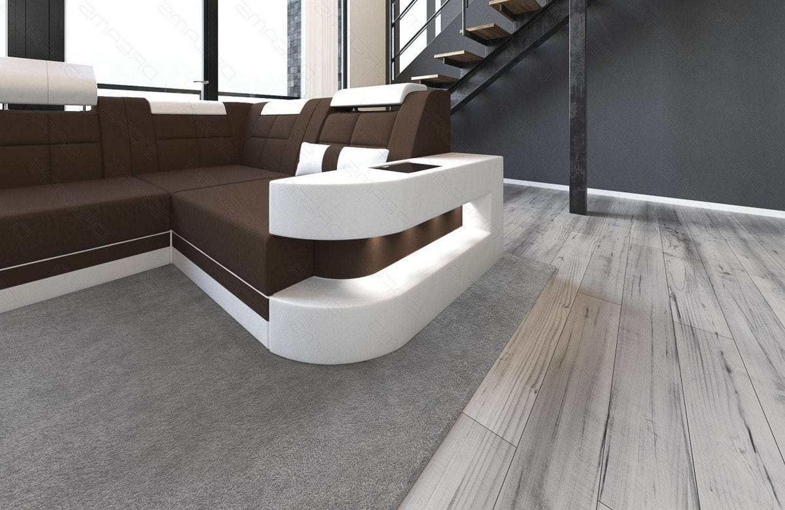 Stoff Wohnlandschaft Wave U-Form mit LED Dunkelbraun-Weiß