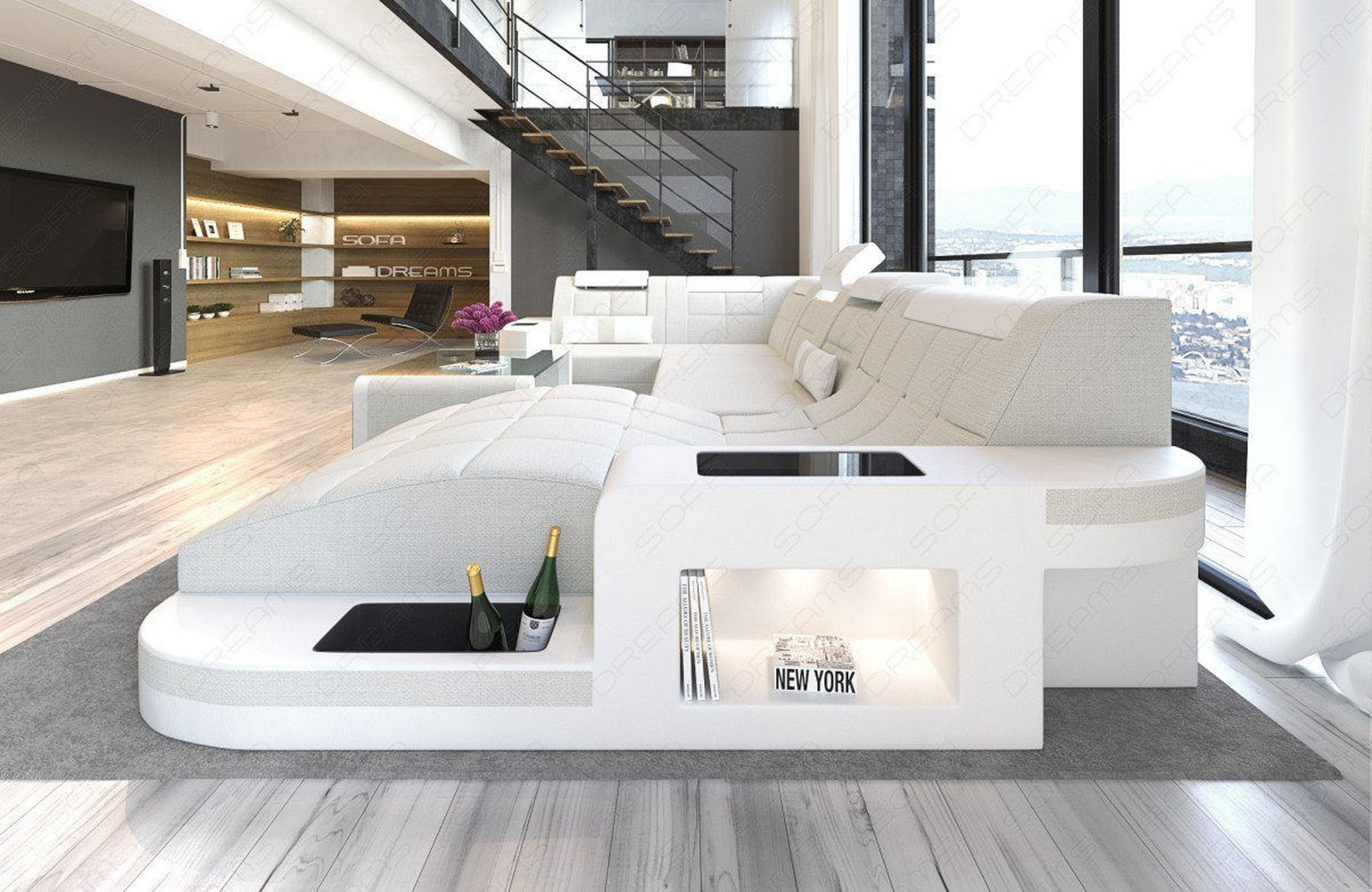 Stoff Wohnlandschaft Wave U-Form mit LED