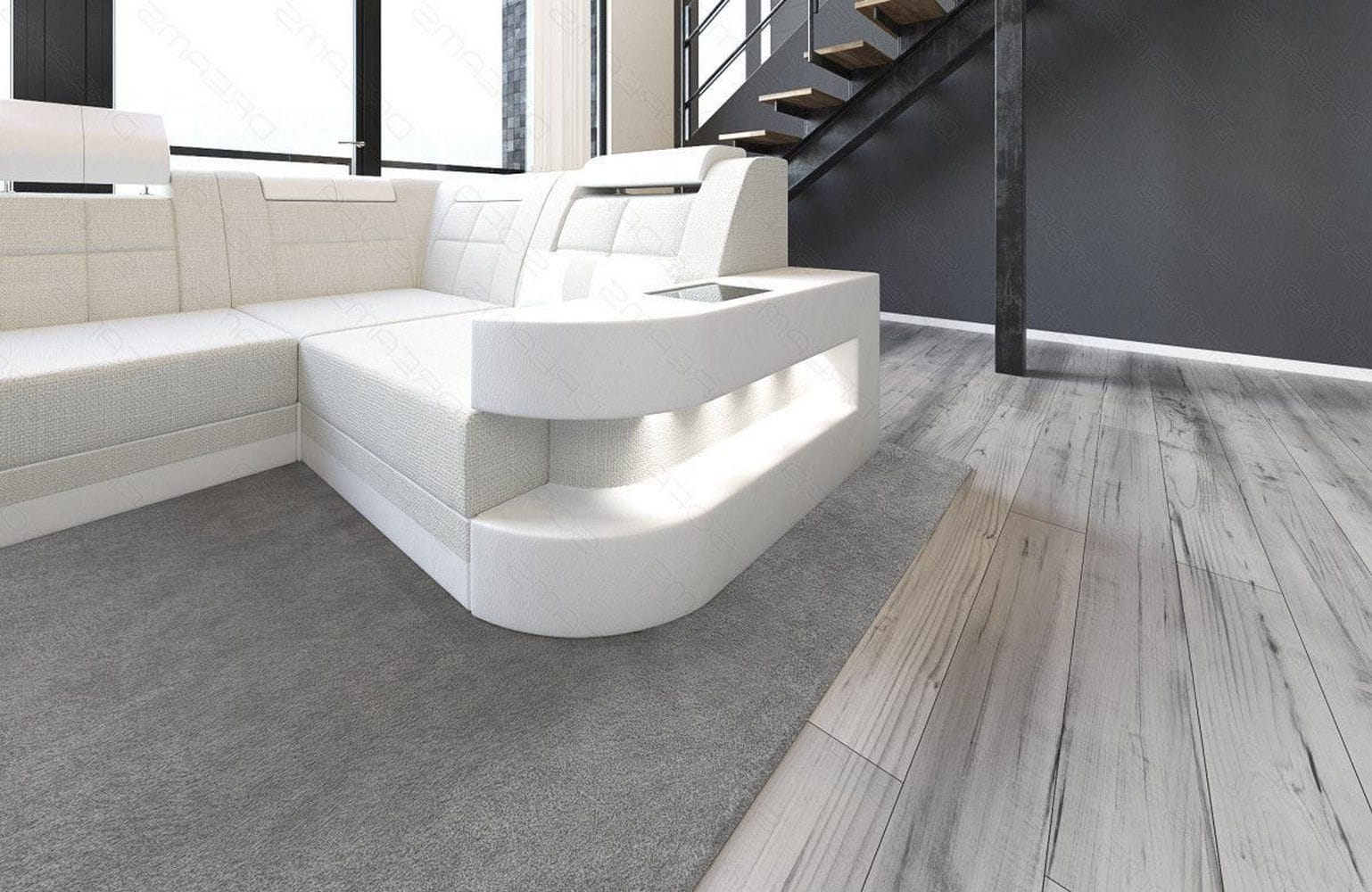 Stoff Wohnlandschaft Wave U-Form mit LED Elfenbein-Weiß