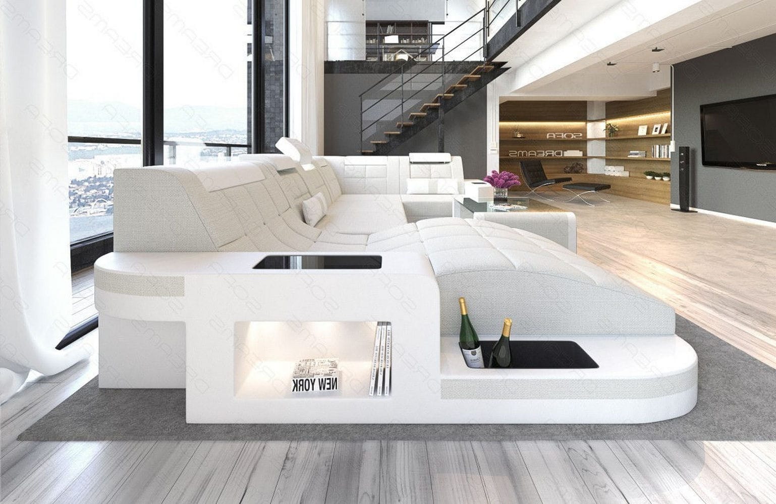 Stoff Wohnlandschaft Wave U-Form mit LED Elfenbein-Weiß