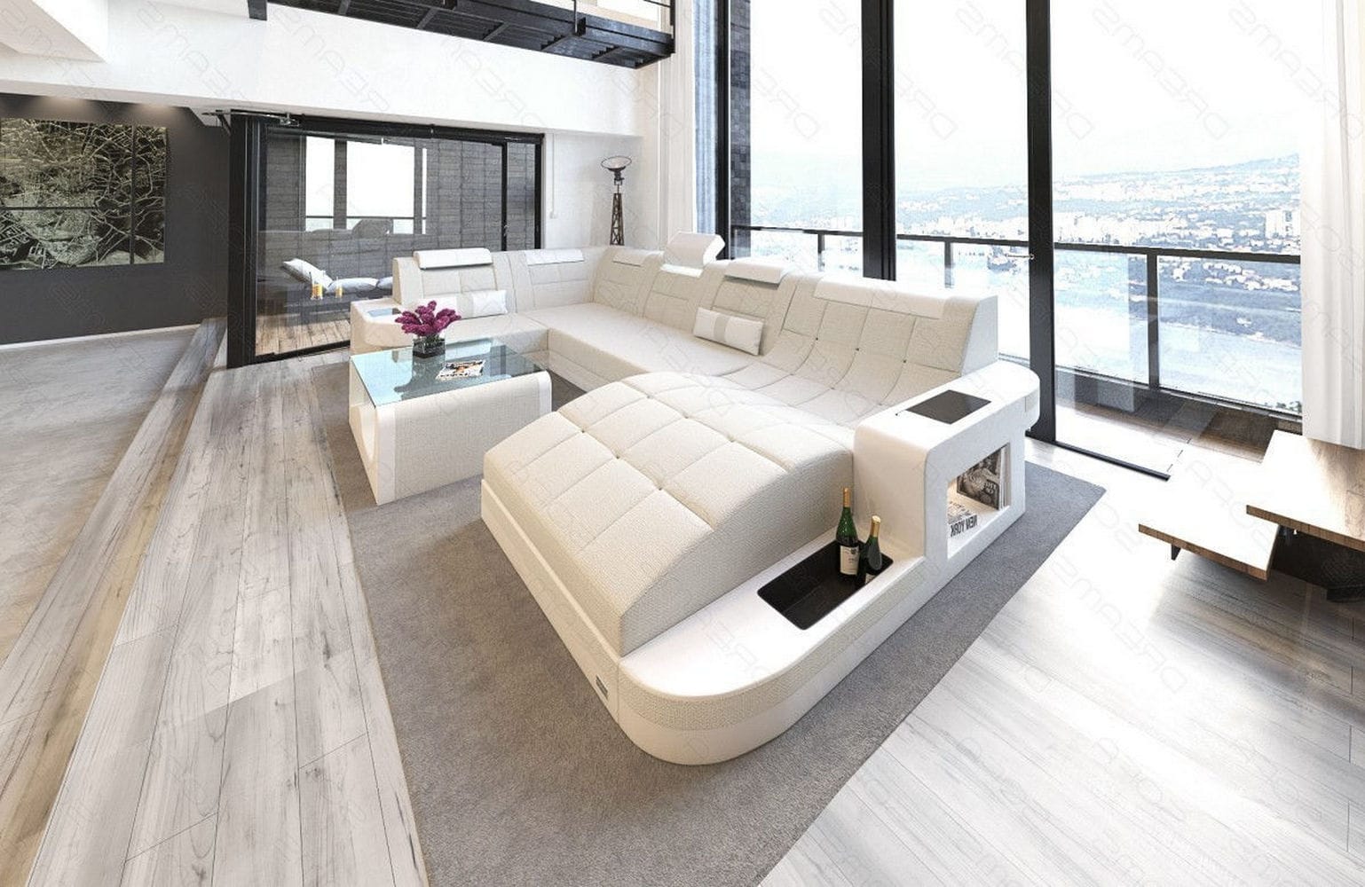 Stoff Wohnlandschaft Wave U-Form mit LED Elfenbein-Weiß