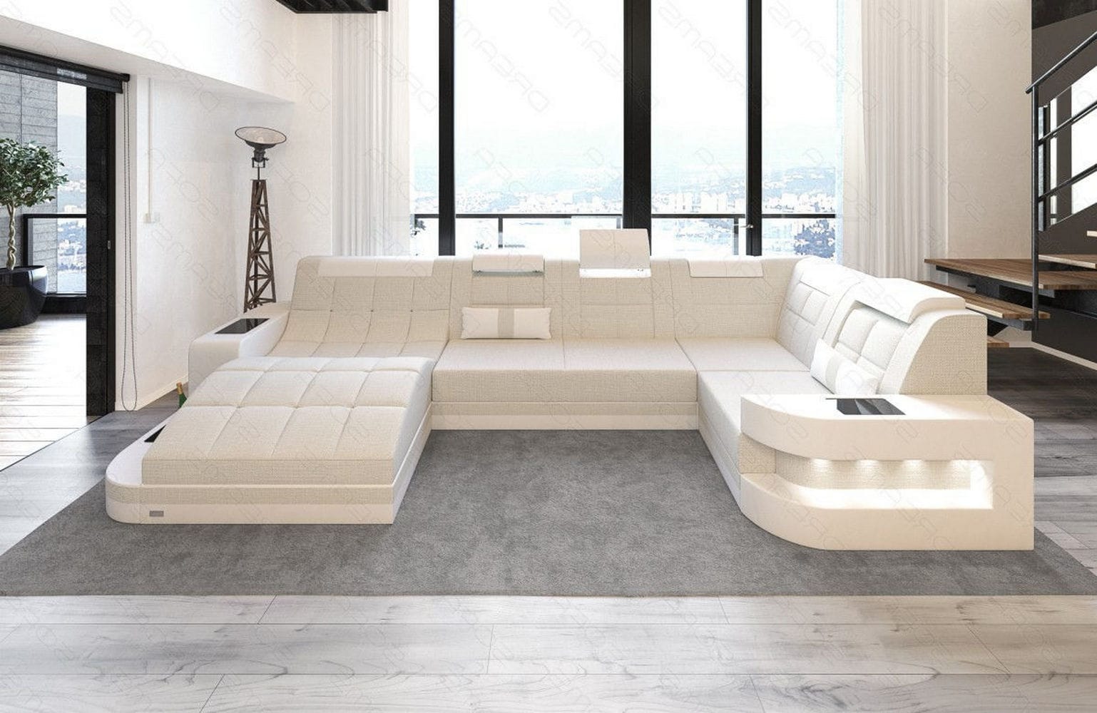 Stoff Wohnlandschaft Wave U-Form mit LED Elfenbein-Weiß