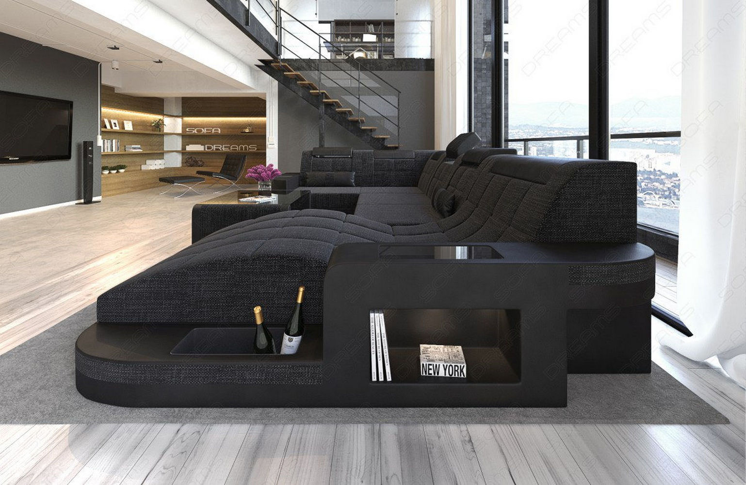 Stoff Wohnlandschaft Wave U-Form mit LED