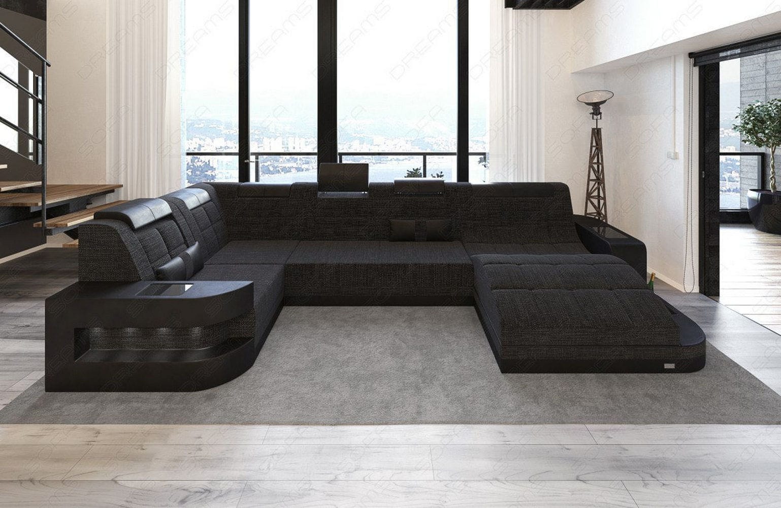Stoff Wohnlandschaft Wave U-Form mit LED Schwarzgrau-Schwarz