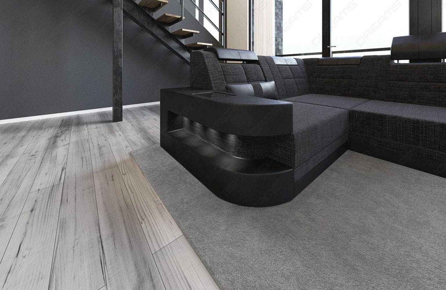 Stoff Wohnlandschaft Wave U-Form mit LED Schwarzgrau-Schwarz