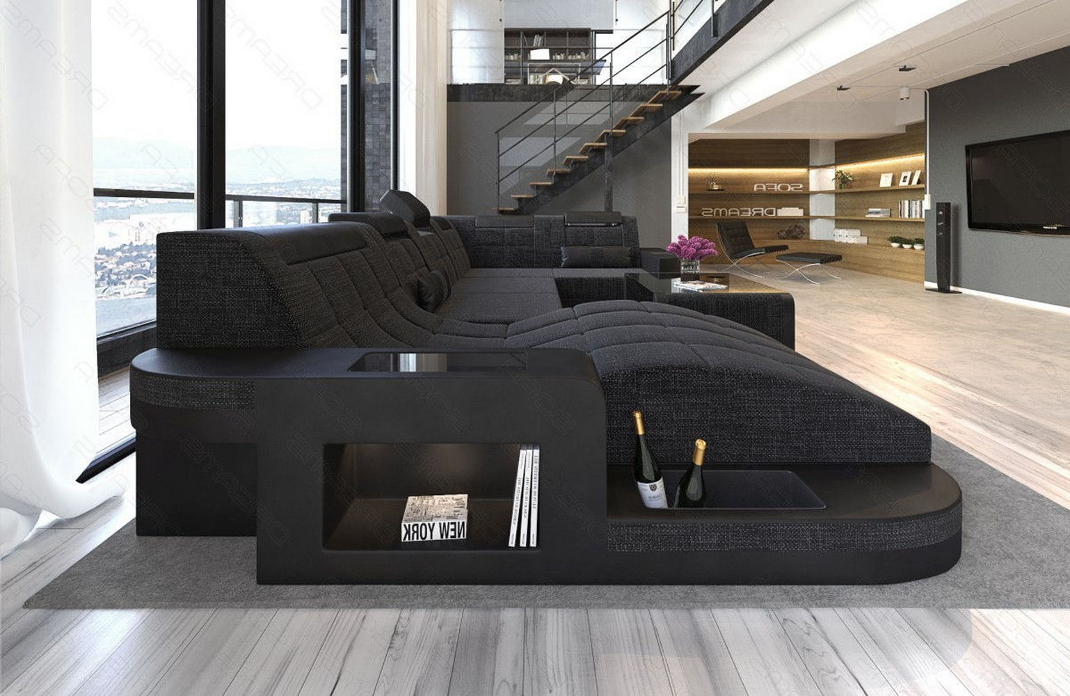 Stoff Wohnlandschaft Wave U-Form mit LED