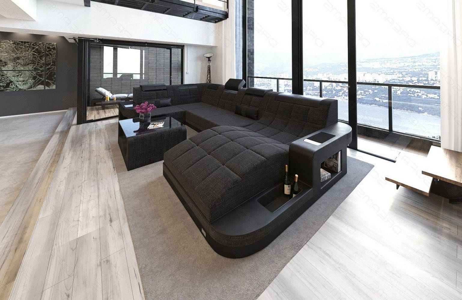 Stoff Wohnlandschaft Wave U-Form mit LED Schwarzgrau-Schwarz
