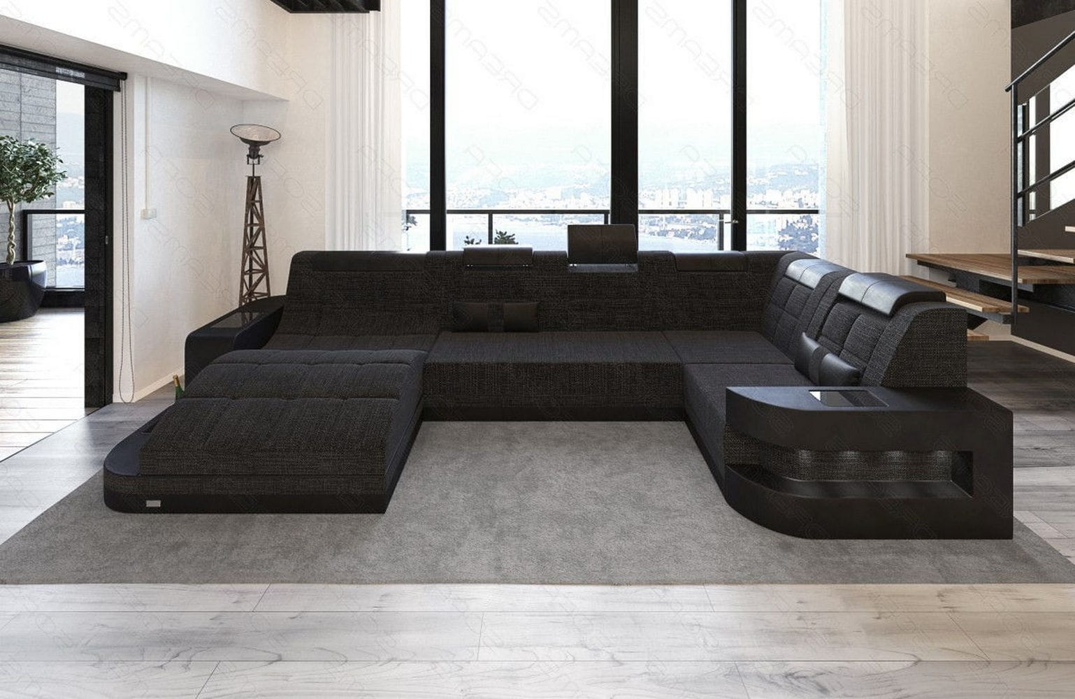 Stoff Wohnlandschaft Wave U-Form mit LED Schwarzgrau-Schwarz