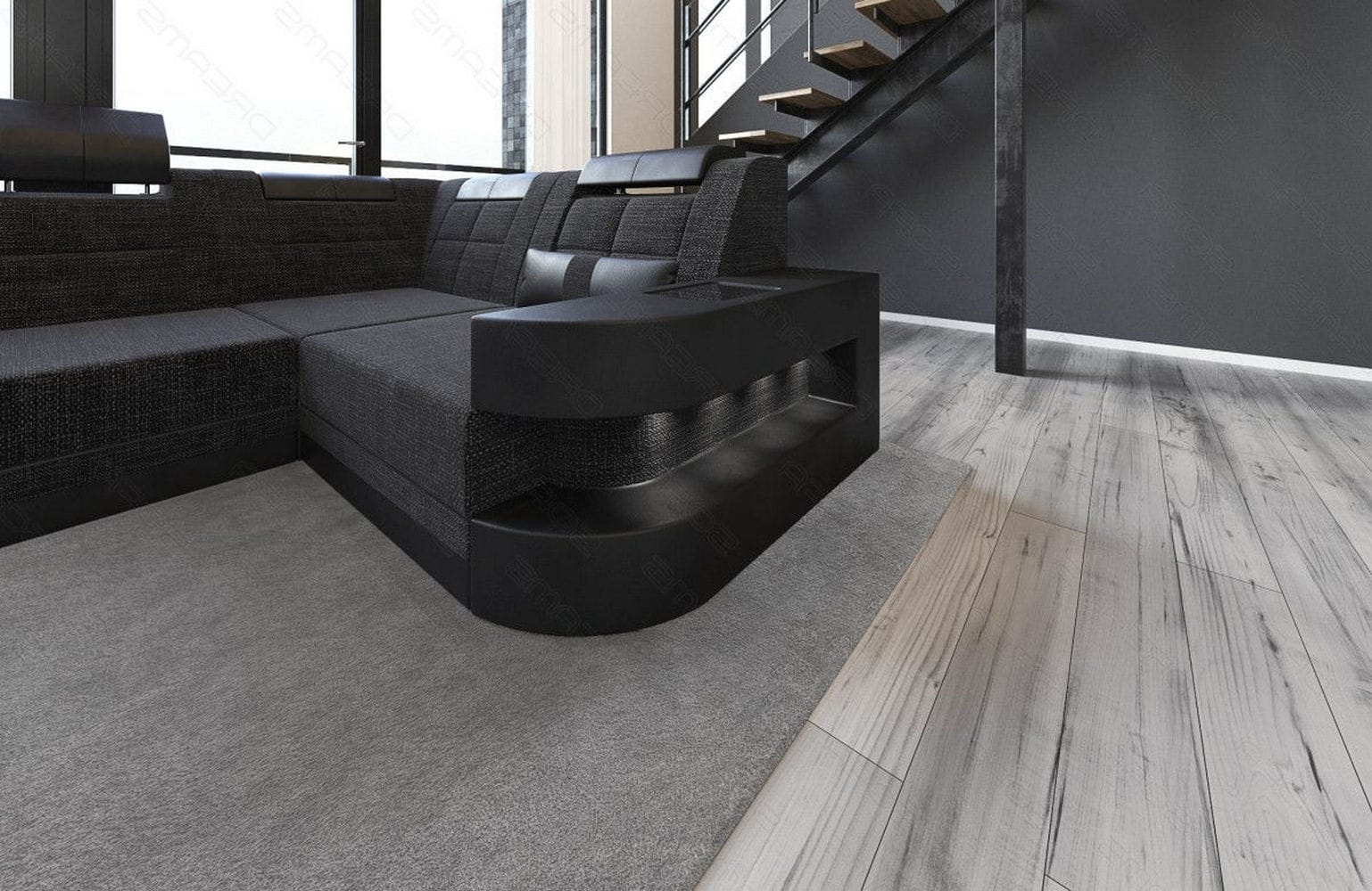 Stoff Wohnlandschaft Wave U-Form mit LED Schwarzgrau-Schwarz