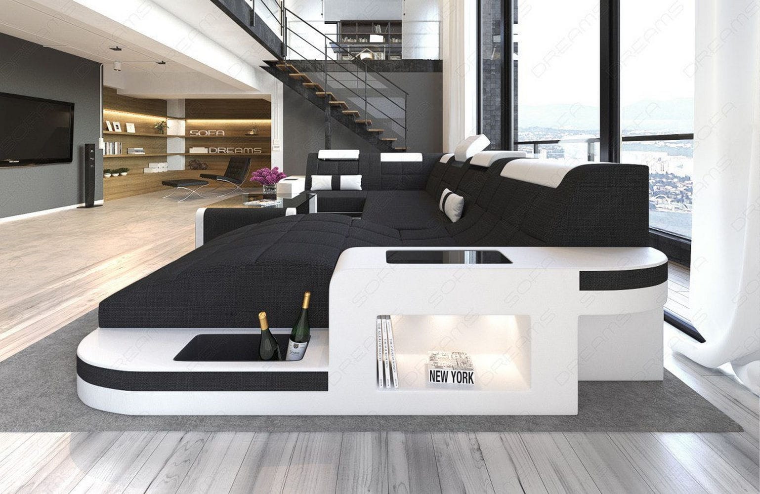 Stoff Wohnlandschaft Wave U-Form mit LED Schwarz-Weiß