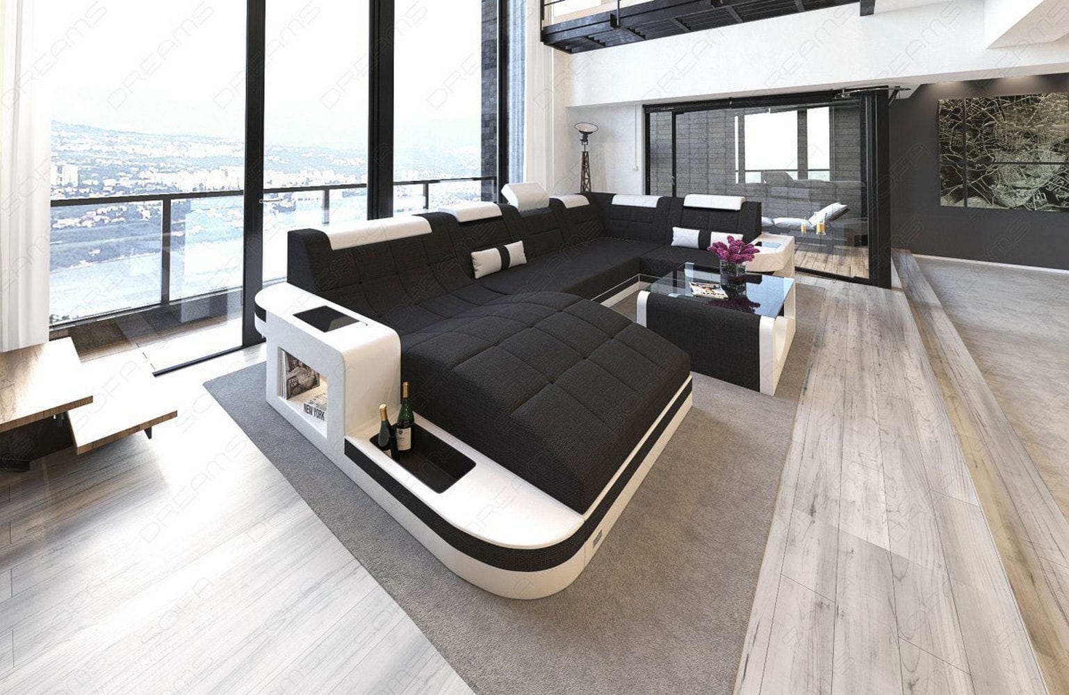 Stoff Wohnlandschaft Wave U-Form mit LED Schwarz-Weiß