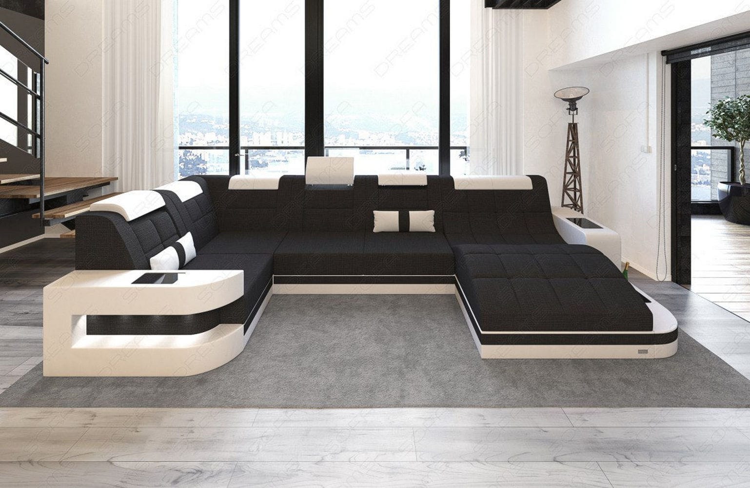 Stoff Wohnlandschaft Wave U-Form mit LED Schwarz-Weiß