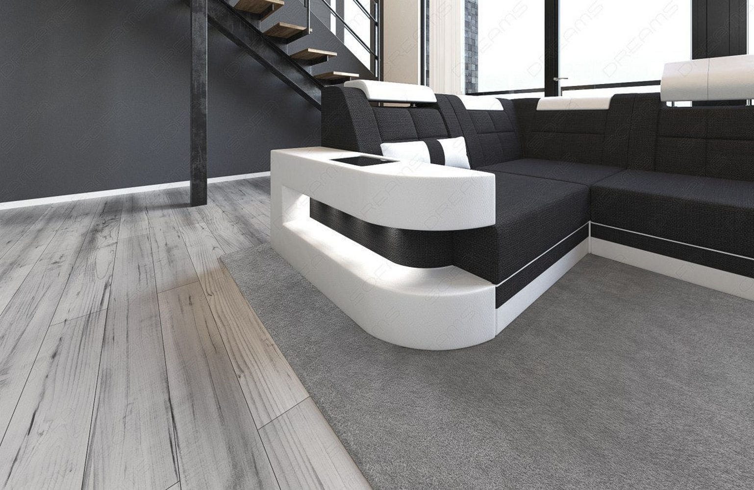 Stoff Wohnlandschaft Wave U-Form mit LED Schwarz-Weiß