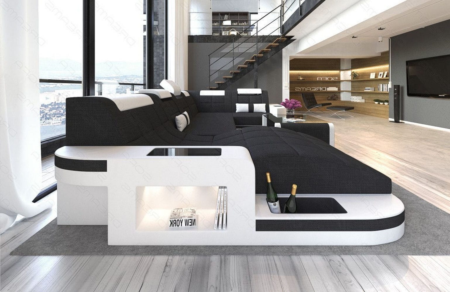 Stoff Wohnlandschaft Wave U-Form mit LED Schwarz-Weiß