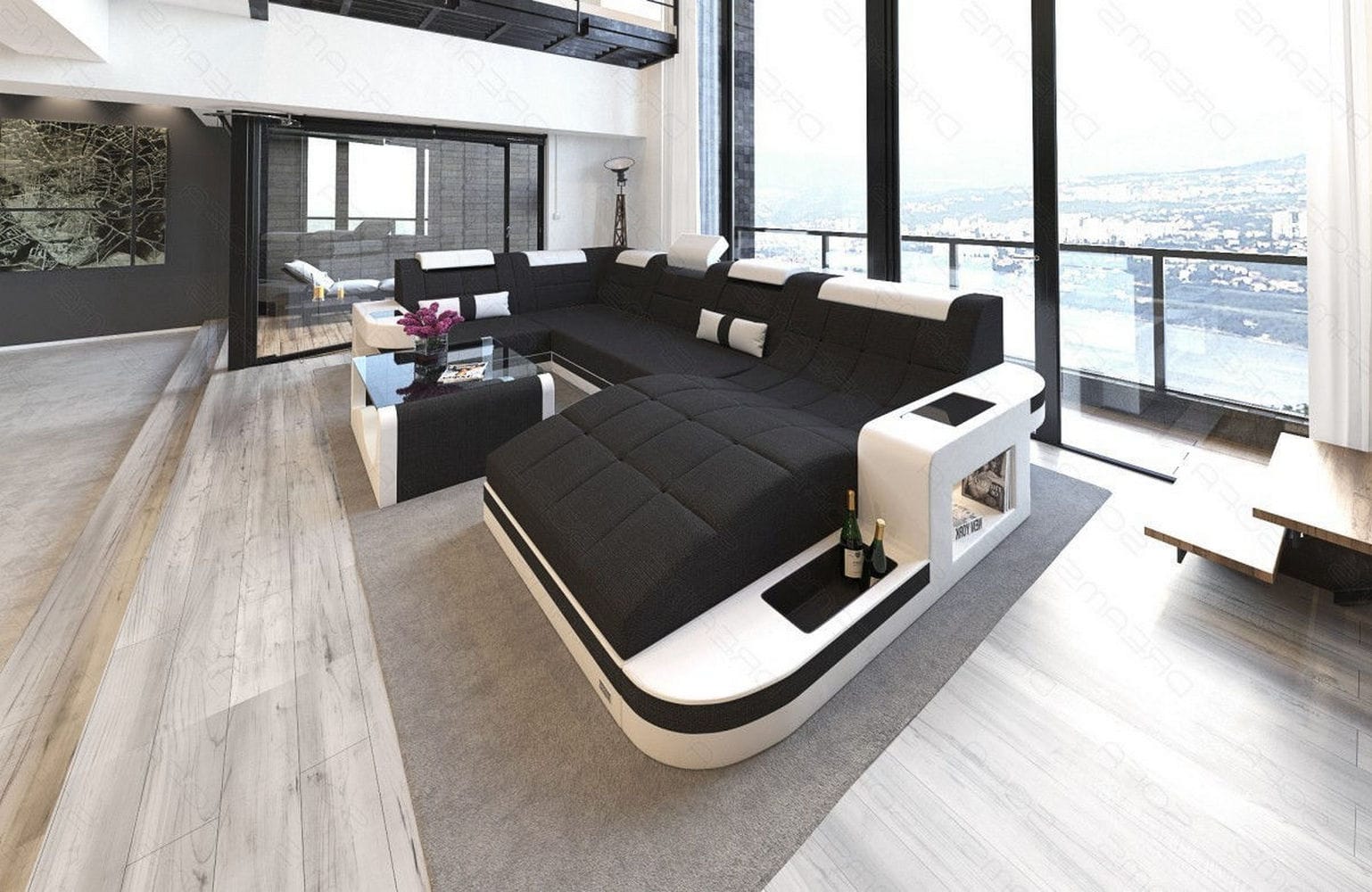 Stoff Wohnlandschaft Wave U-Form mit LED Schwarz-Weiß