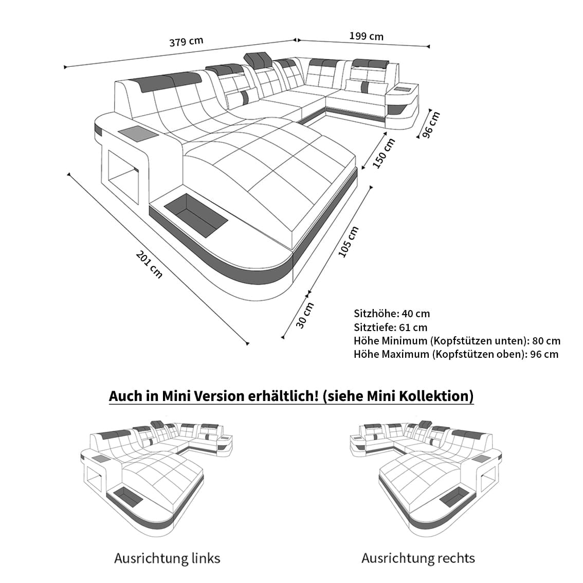 Stoff Wohnlandschaft Wave U-Form mit LED Schwarz-Weiß