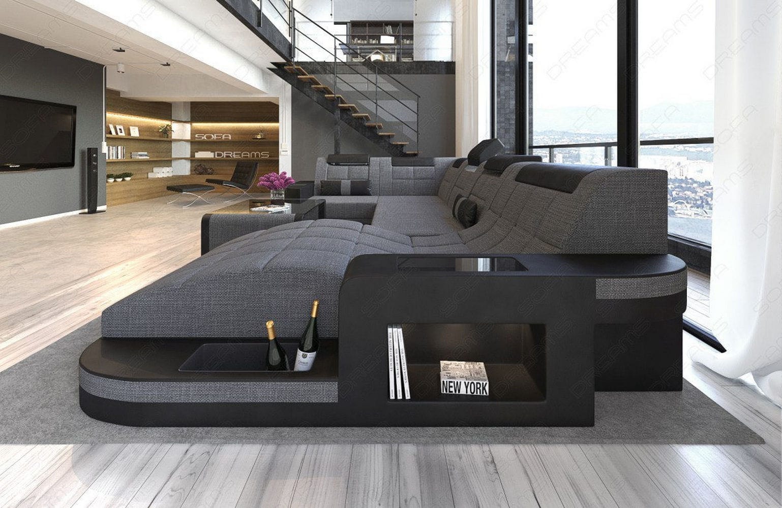 Stoff Wohnlandschaft Wave U-Form mit LED Grau-Schwarz