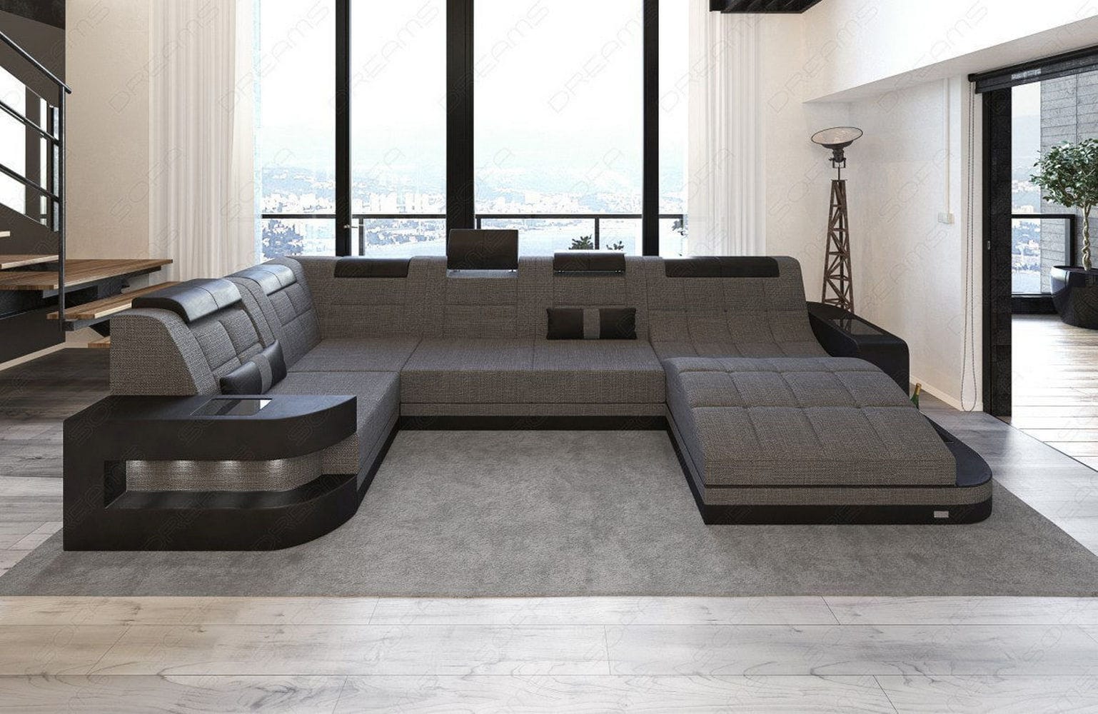 Stoff Wohnlandschaft Wave U-Form mit LED Grau-Schwarz