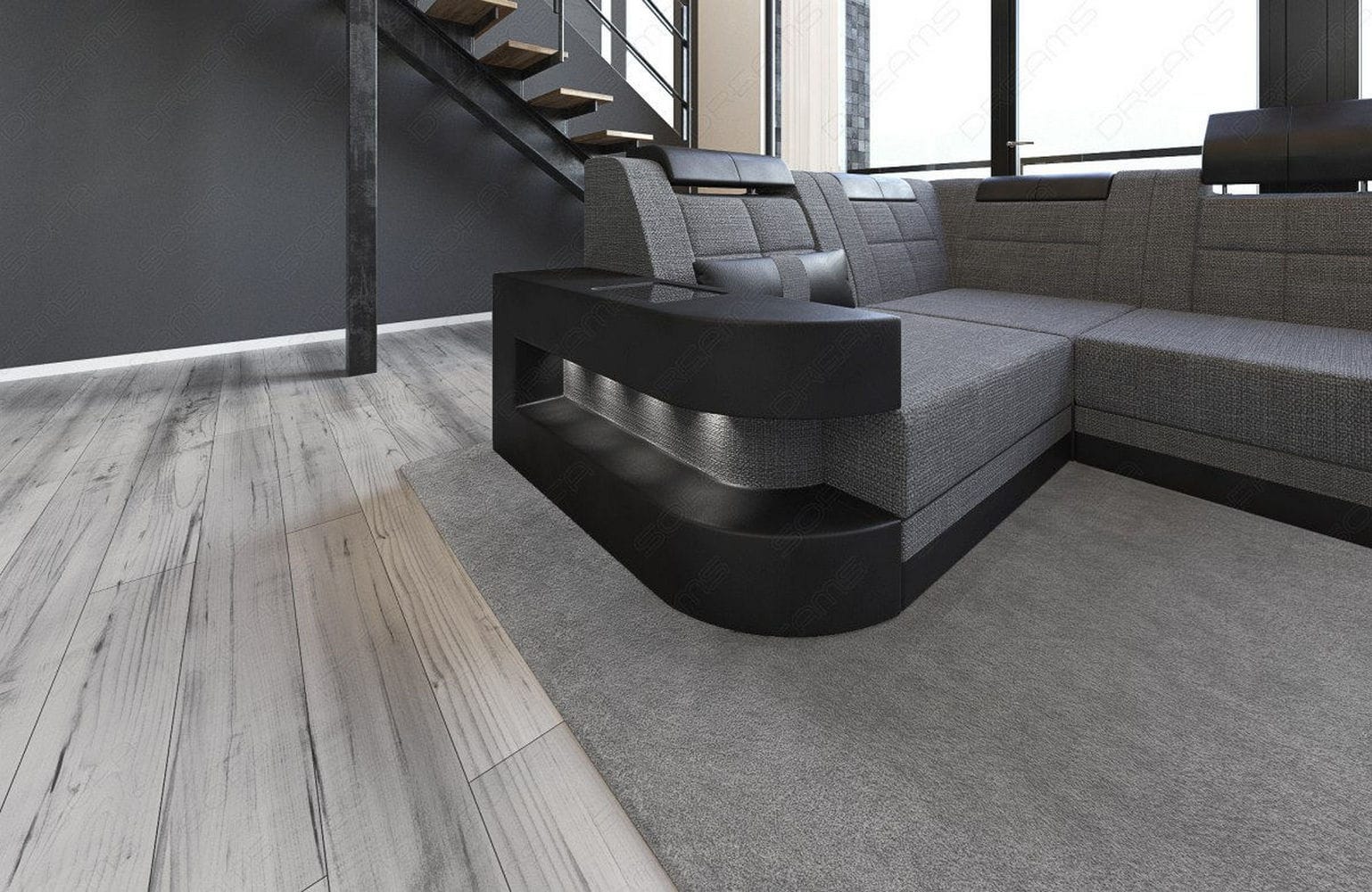 Stoff Wohnlandschaft Wave U-Form mit LED Grau-Schwarz