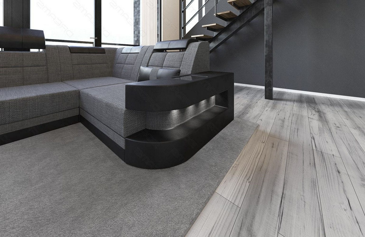 Stoff Wohnlandschaft Wave U-Form mit LED Grau-Schwarz