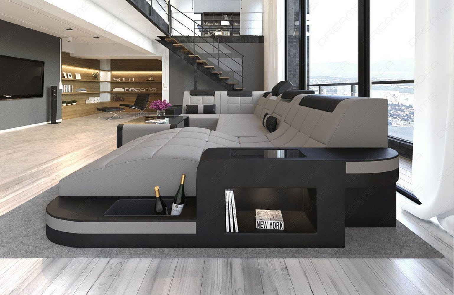 Stoff Wohnlandschaft Wave U-Form mit LED Hellgrau-Schwarz