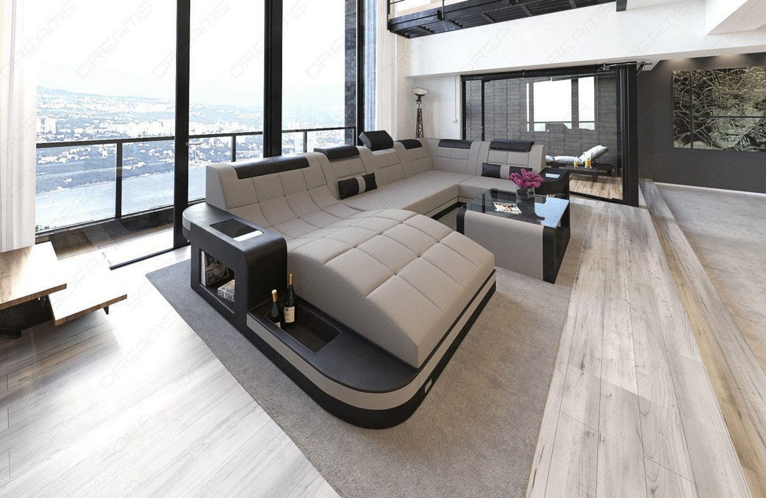 Stoff Wohnlandschaft Wave U-Form mit LED Hellgrau-Schwarz