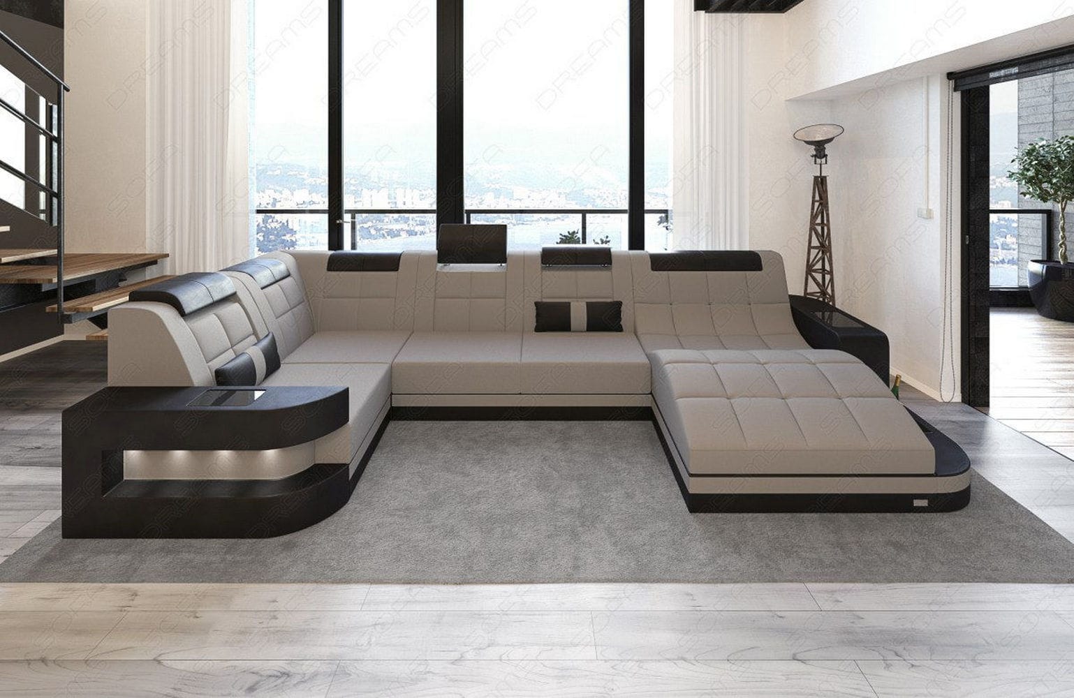 Stoff Wohnlandschaft Wave U-Form mit LED Hellgrau-Schwarz