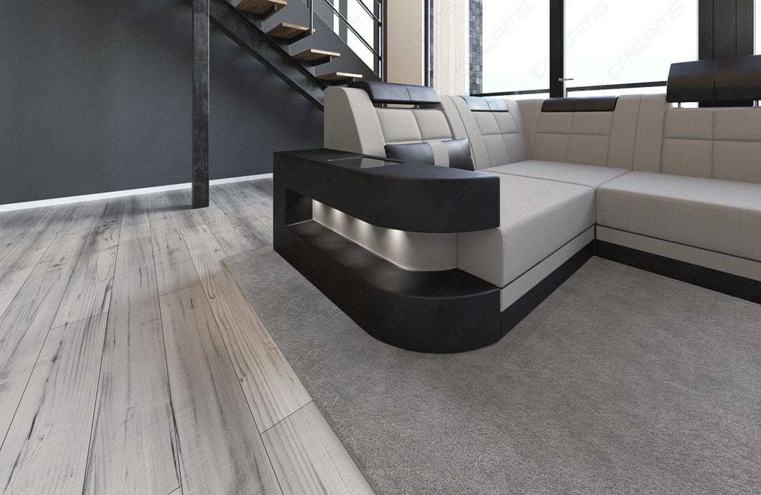 Stoff Wohnlandschaft Wave U-Form mit LED Hellgrau-Schwarz