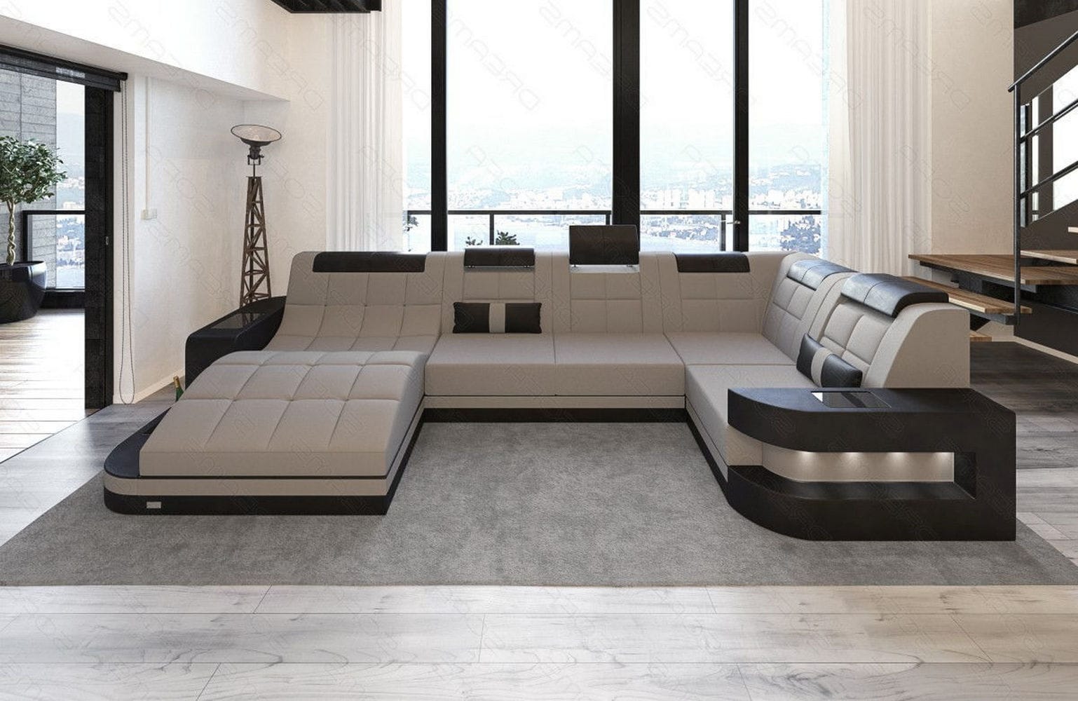Stoff Wohnlandschaft Wave U-Form mit LED Hellgrau-Schwarz