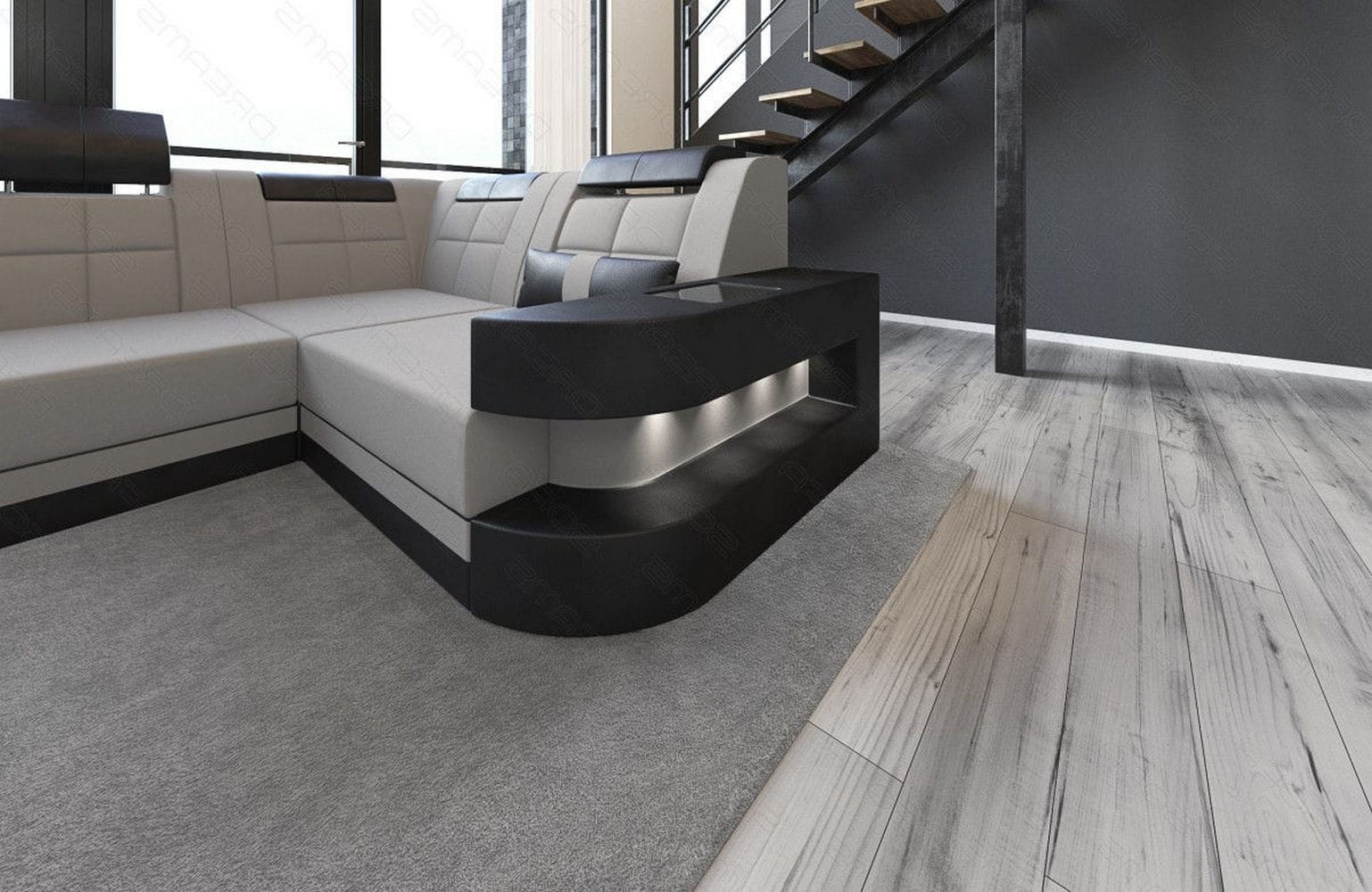 Stoff Wohnlandschaft Wave U-Form mit LED Hellgrau-Schwarz