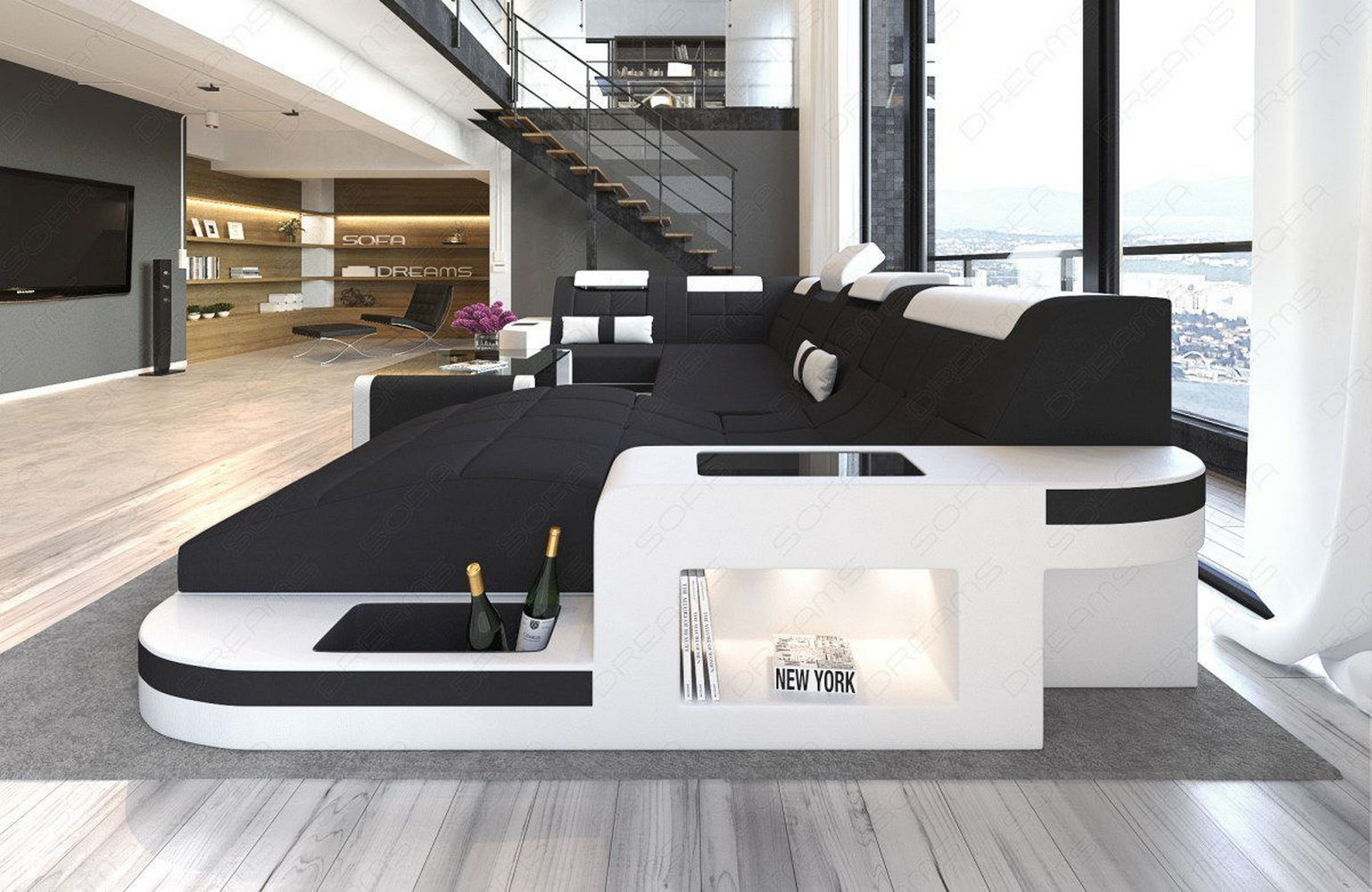 Stoff Wohnlandschaft Wave U-Form mit LED