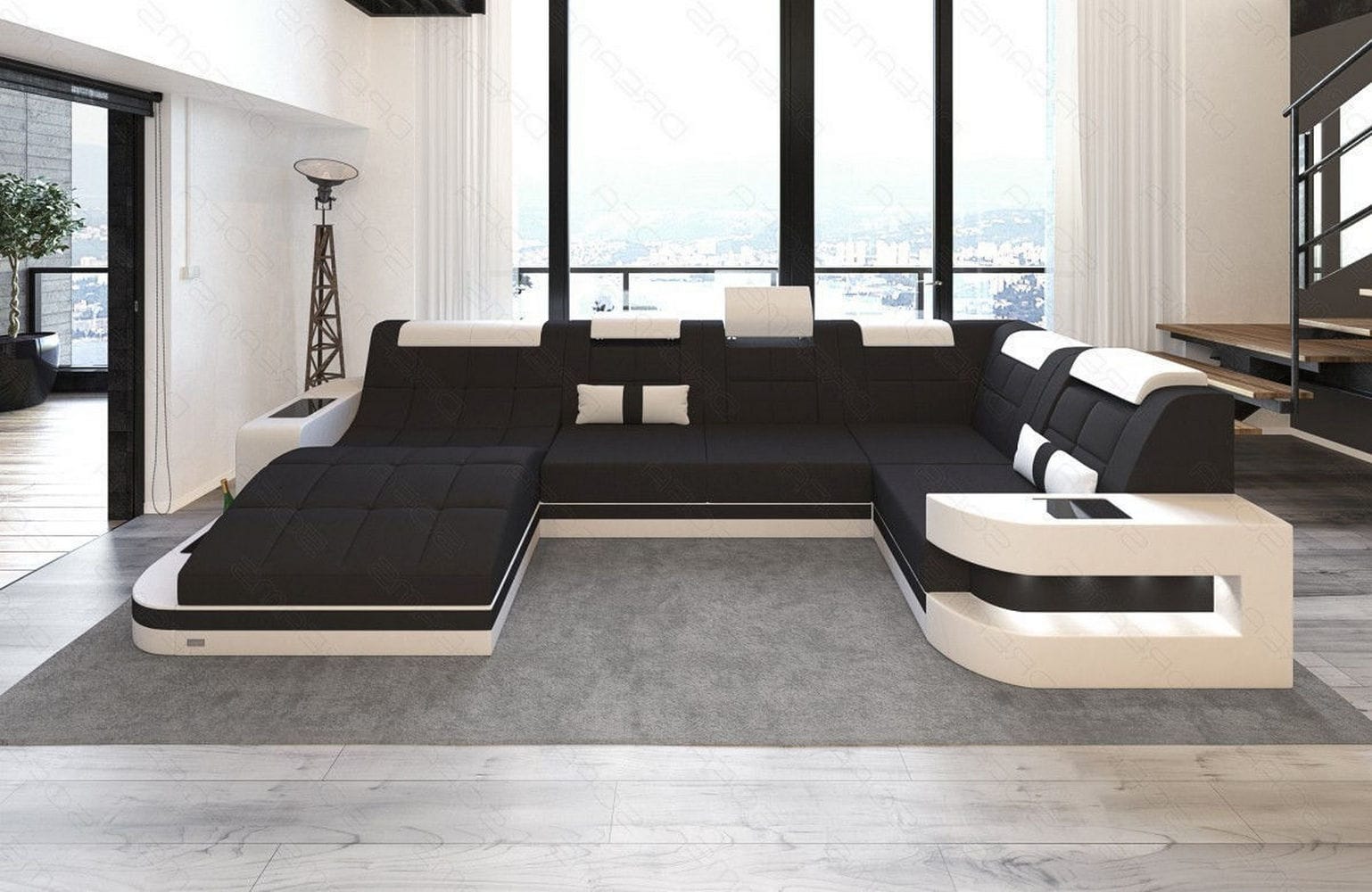 Stoff Wohnlandschaft Wave U-Form mit LED Schwarz-Weiß