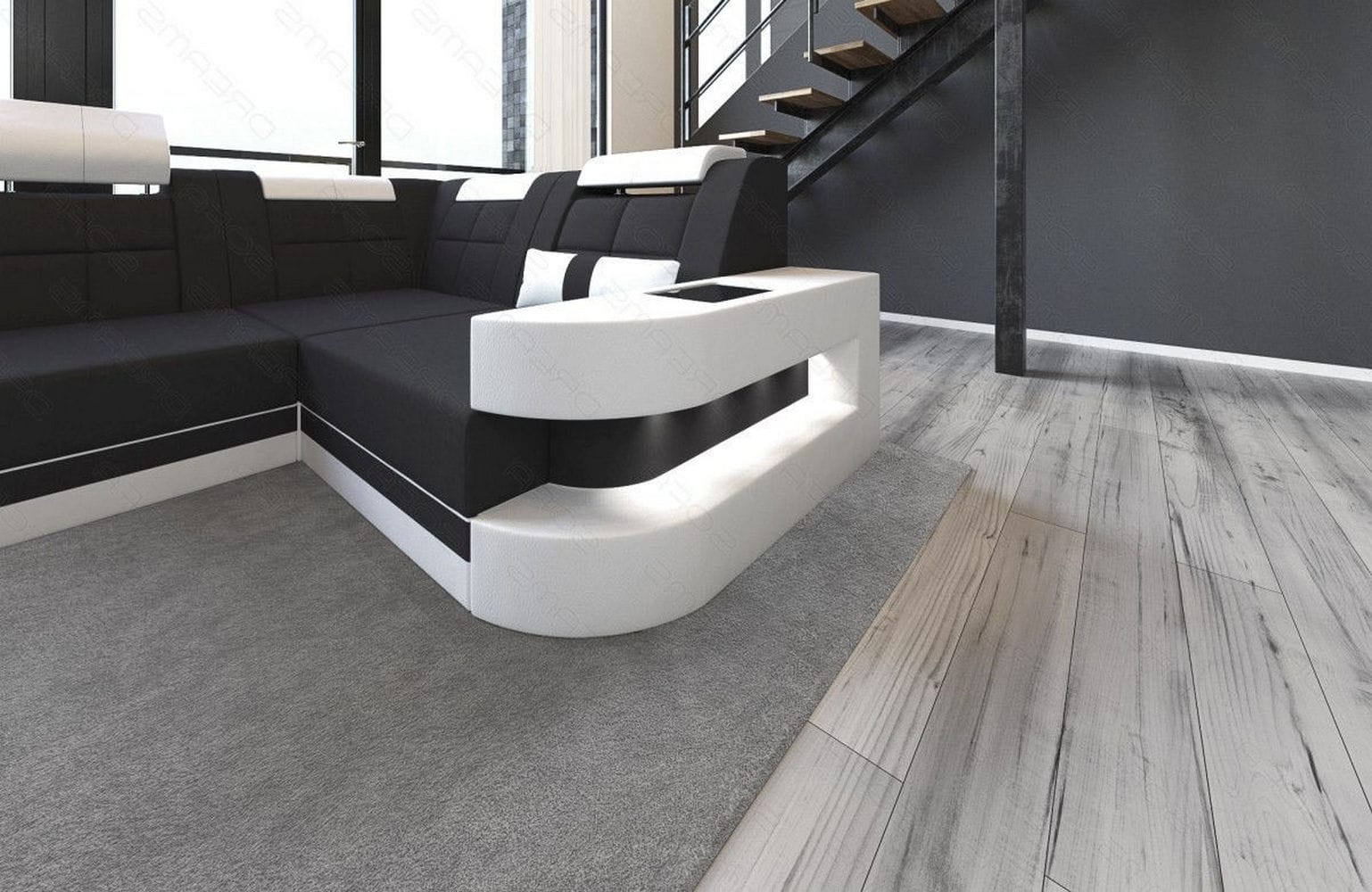 Stoff Wohnlandschaft Wave U-Form mit LED Schwarz-Weiß