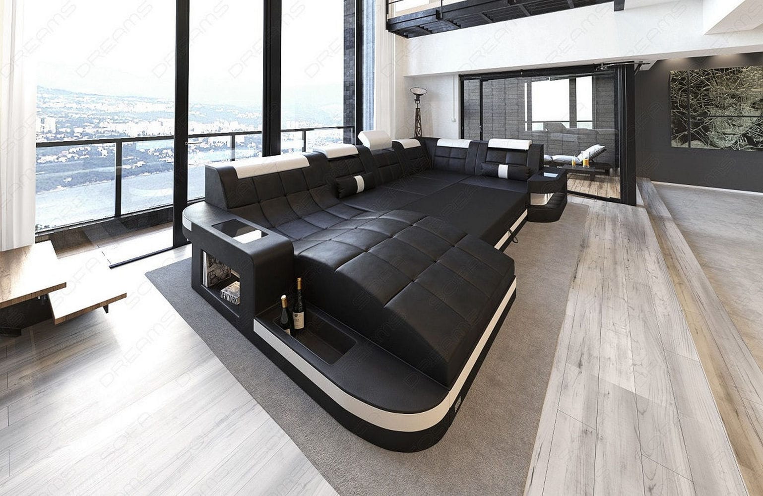 Stoff Wohnlandschaft Wave U-Form mit LED Schwarz-Weiß