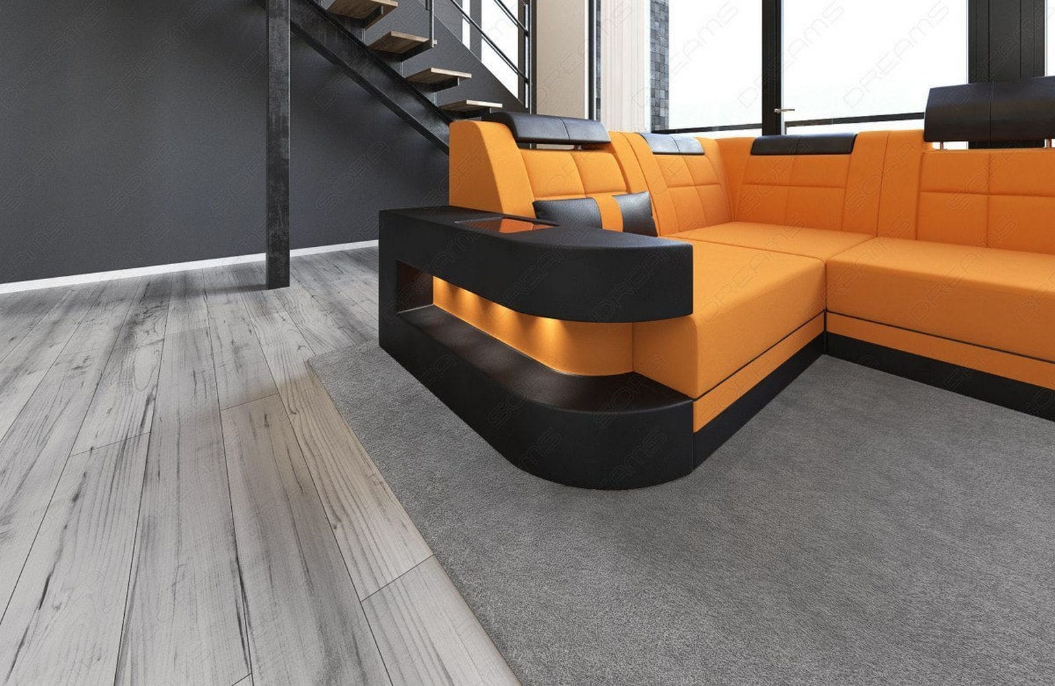 Stoff Wohnlandschaft Wave U-Form mit LED Apricot-Schwarz