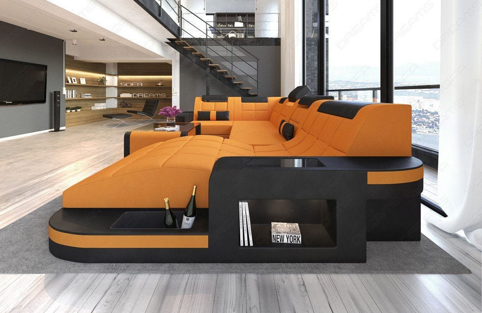 Stoff Wohnlandschaft Wave U-Form mit LED Apricot-Schwarz
