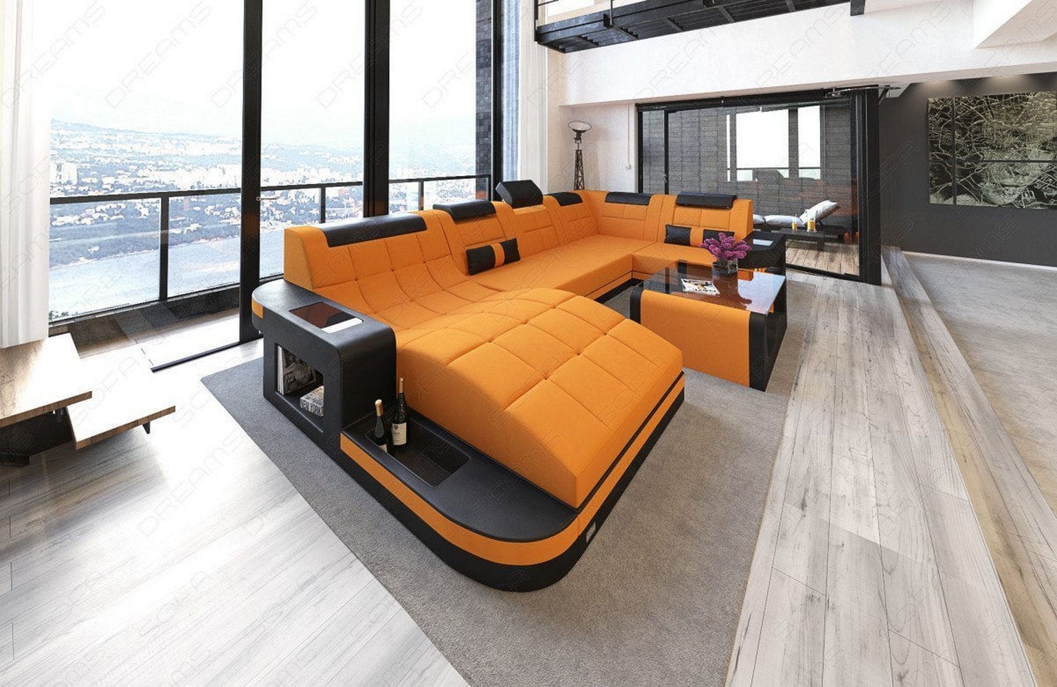 Stoff Wohnlandschaft Wave U-Form mit LED Apricot-Schwarz
