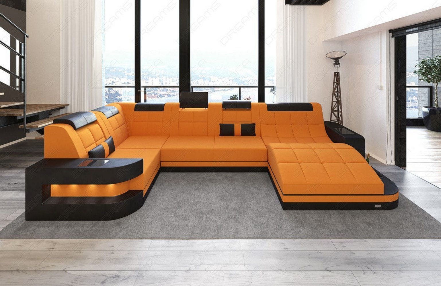 Stoff Wohnlandschaft Wave U-Form mit LED Apricot-Schwarz