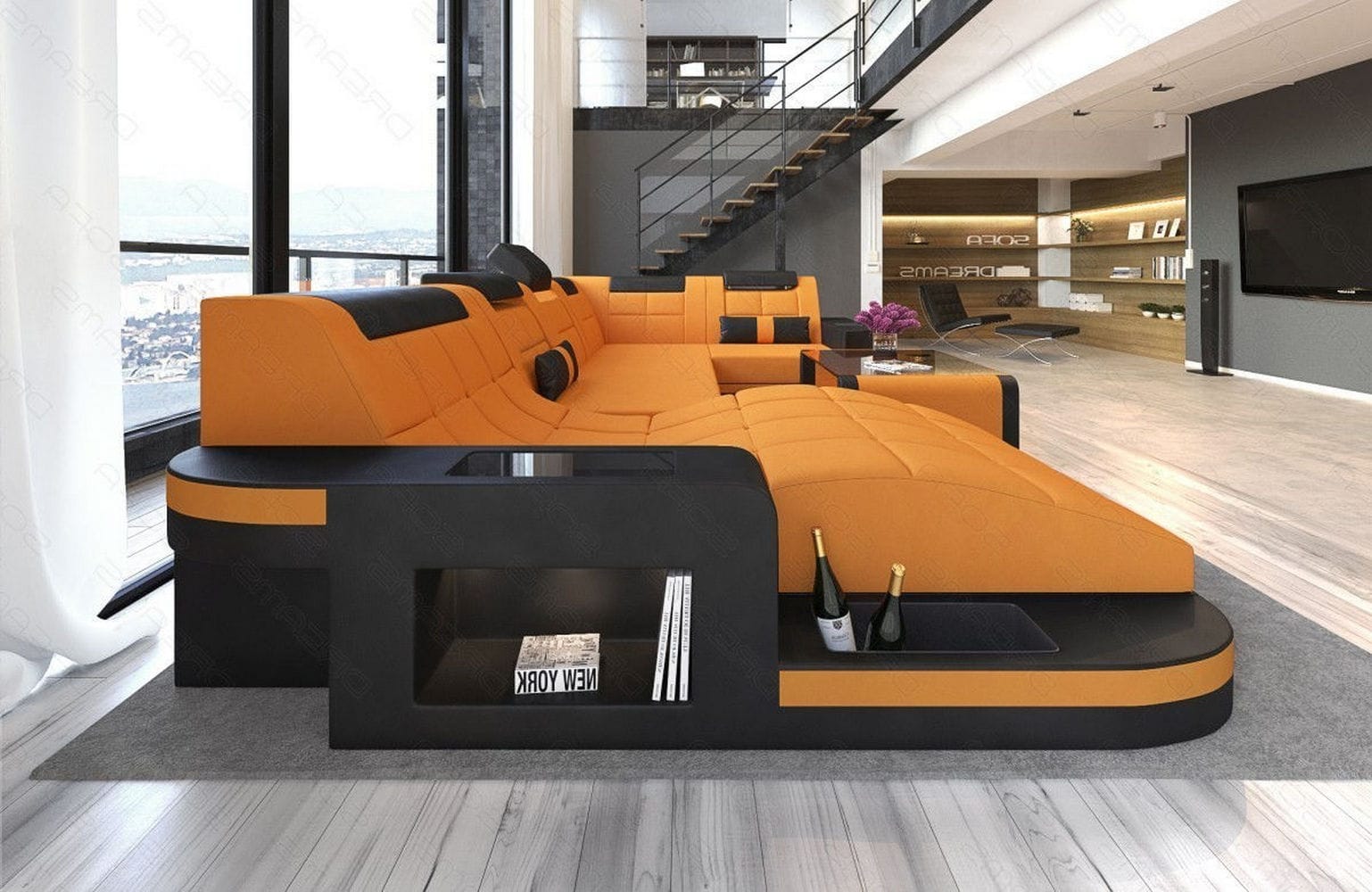 Stoff Wohnlandschaft Wave U-Form mit LED Apricot-Schwarz