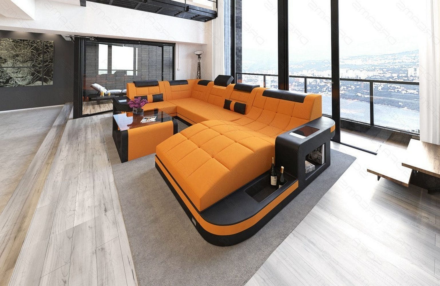 Stoff Wohnlandschaft Wave U-Form mit LED Apricot-Schwarz