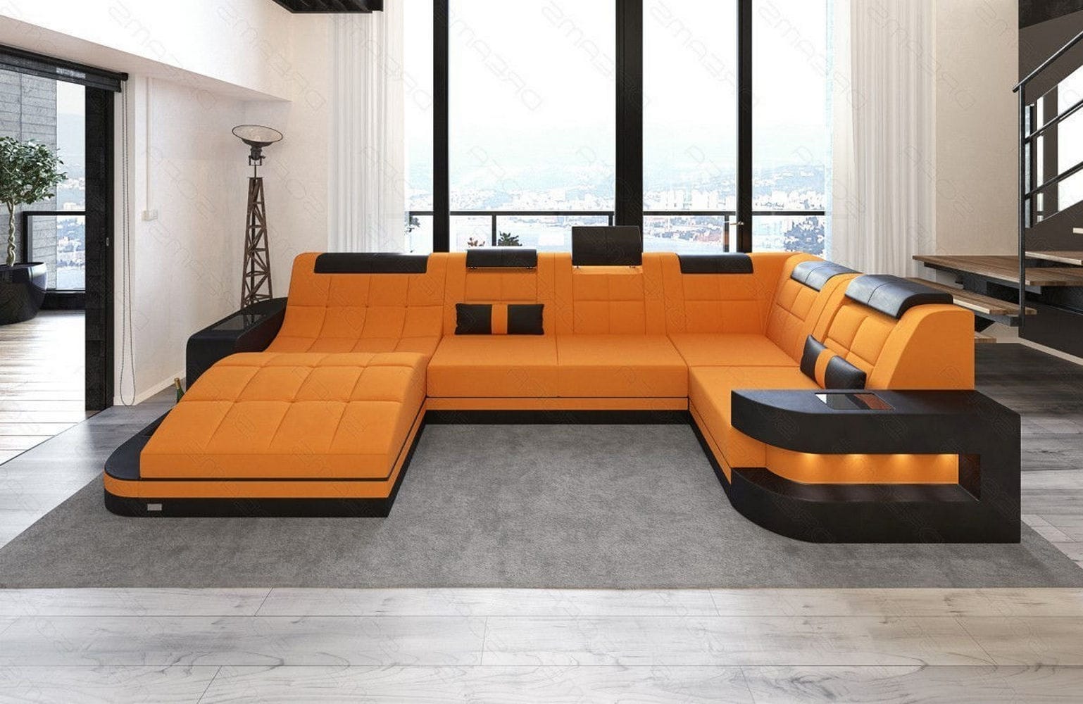 Stoff Wohnlandschaft Wave U-Form mit LED Apricot-Schwarz