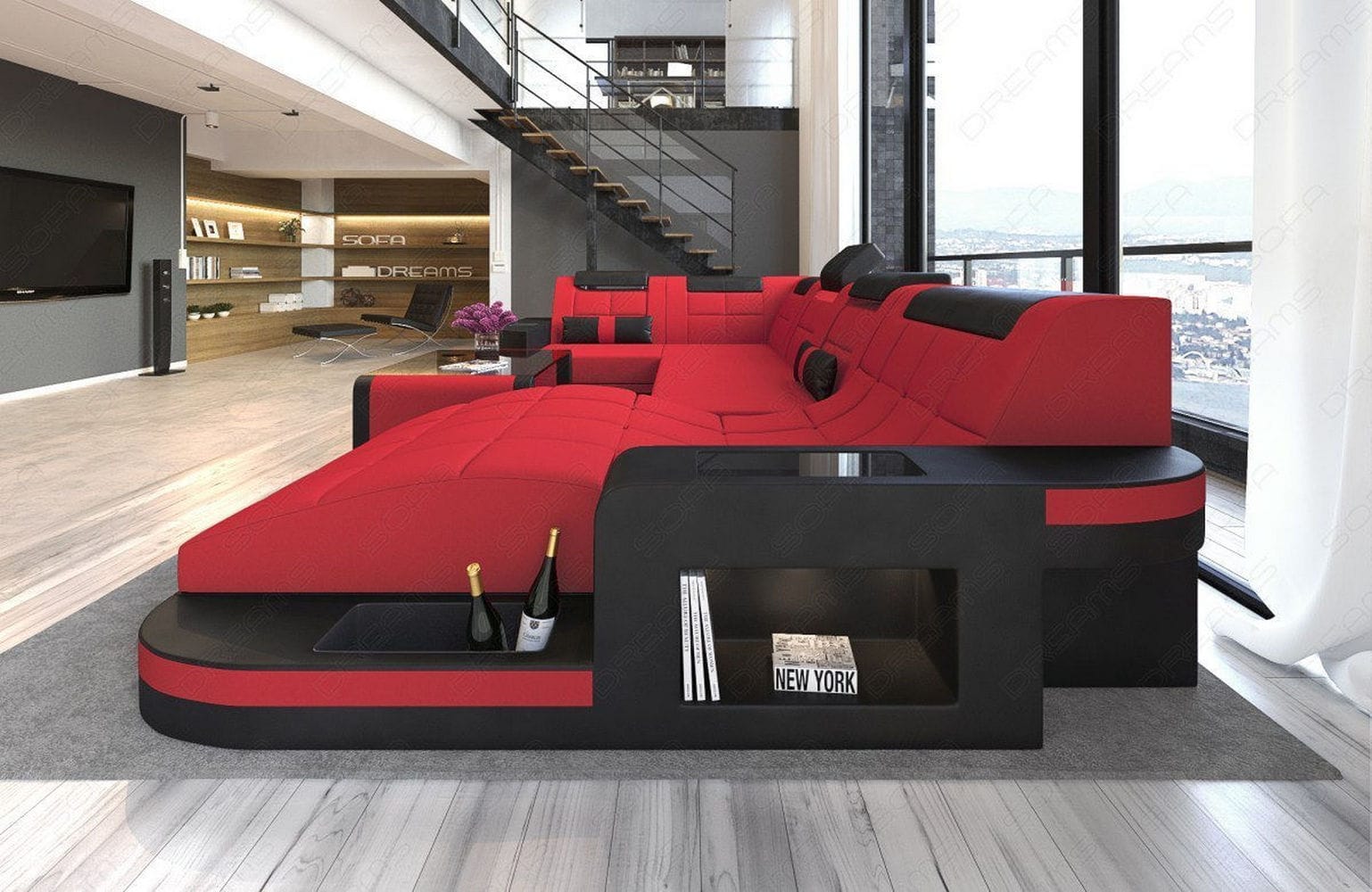 Stoff Wohnlandschaft Wave U-Form mit LED Rot-Schwarz