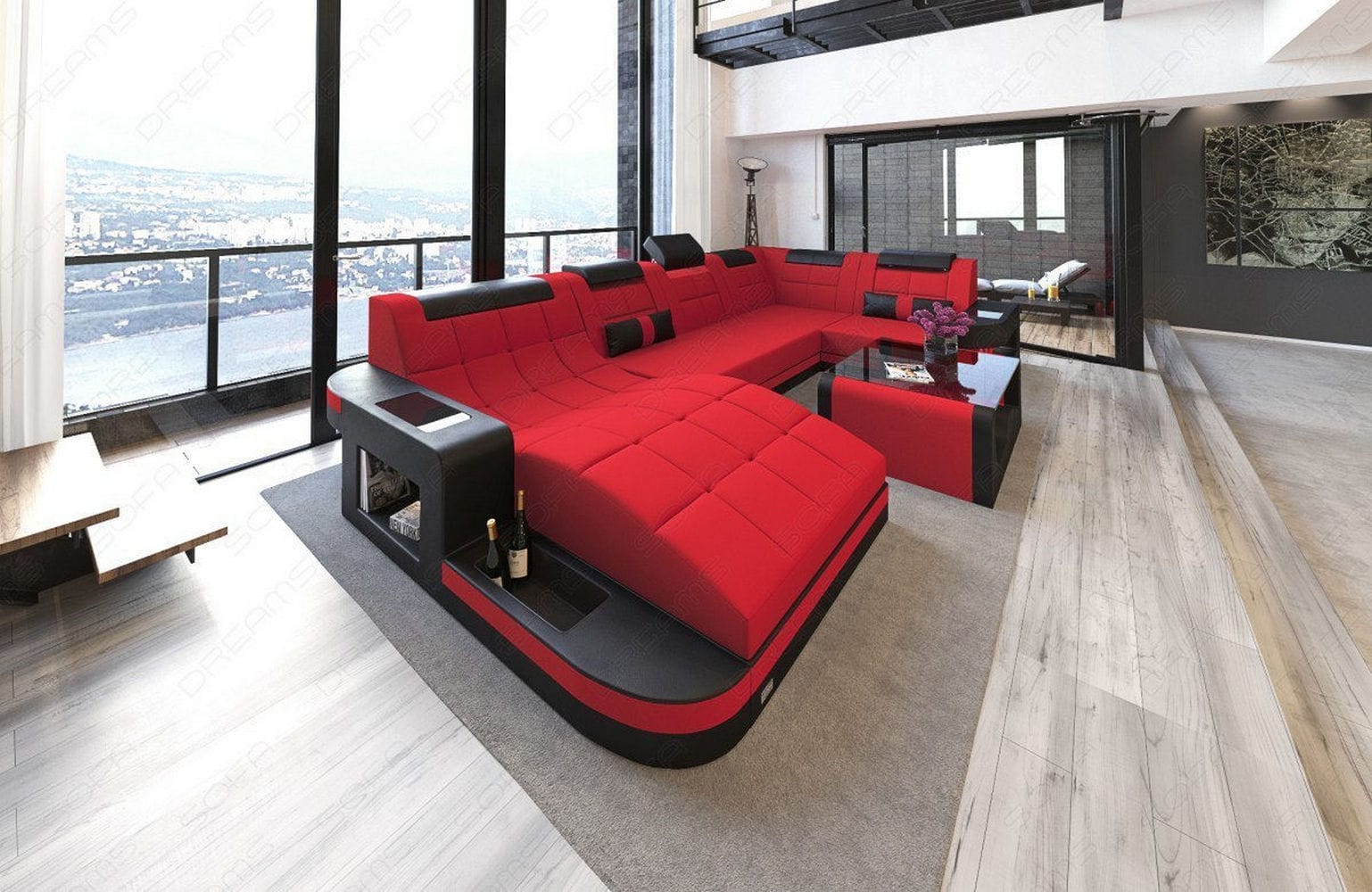 Stoff Wohnlandschaft Wave U-Form mit LED Rot-Schwarz