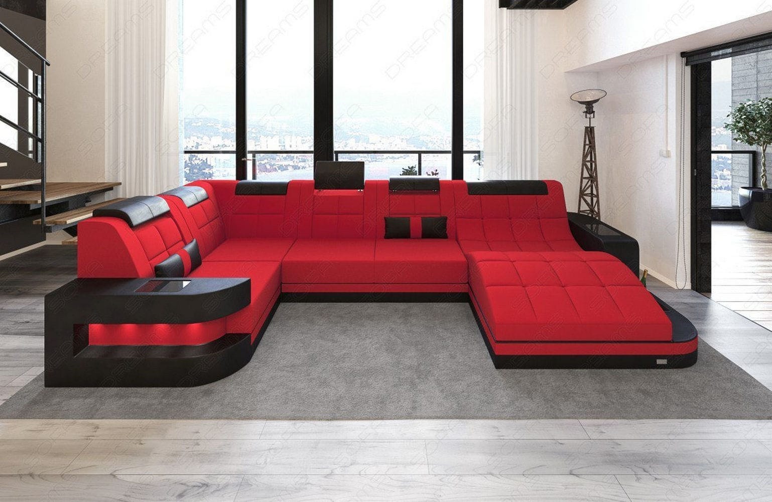 Stoff Wohnlandschaft Wave U-Form mit LED Rot-Schwarz