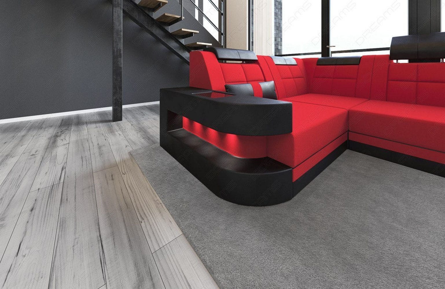 Stoff Wohnlandschaft Wave U-Form mit LED Rot-Schwarz